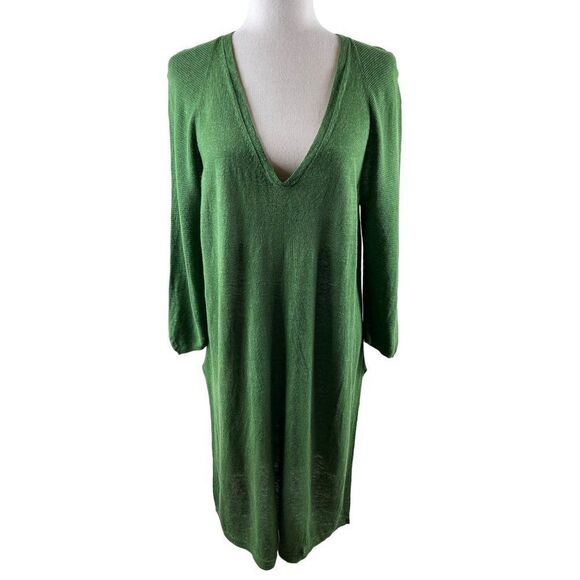 J. Jill Linen Blend V-Neck Longline Tunic Top Side Slits Large Green Lagenlook - Picture 1 of 9